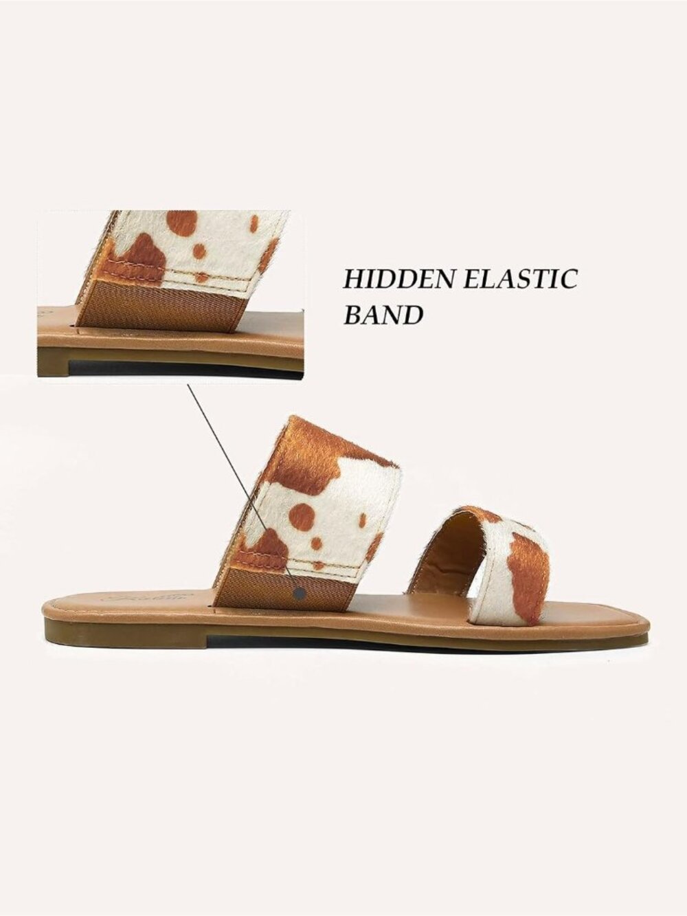 Women's Cow Print Open Square Toe Two Strap Slip On Flat Casual Sandal Shoes - Picture 4 of 6